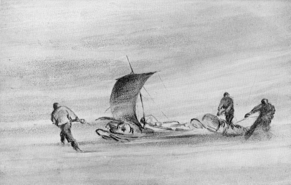 Sketch of sail-equipped sledge on Robert Falcon Scott's expedition to the South Pole